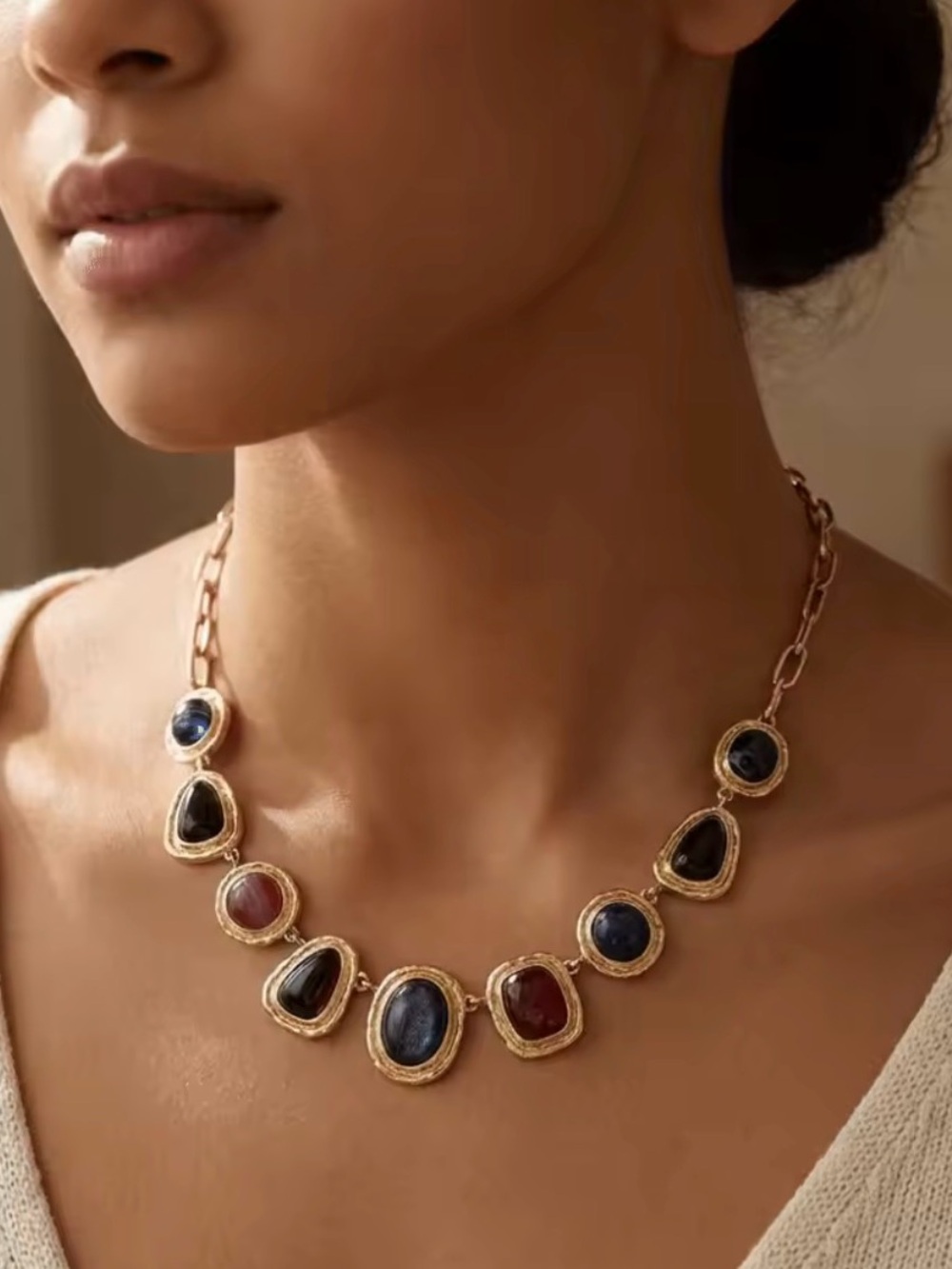 Gold tone Multi-Stone Statement Necklace in Blue and Red Elegant Necklace.